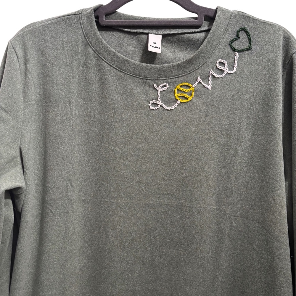 NWT HandCrafted Embroidered Olive Green Tennis Sweatshirt Love Hand Stitching